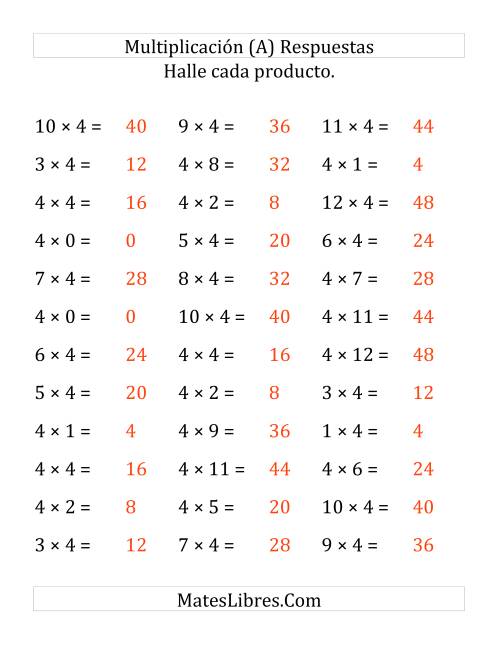 La hoja de ejercicios de Multiplicación Horizontal, Productos de 0 a 12 por 4 (Grande) Página 2