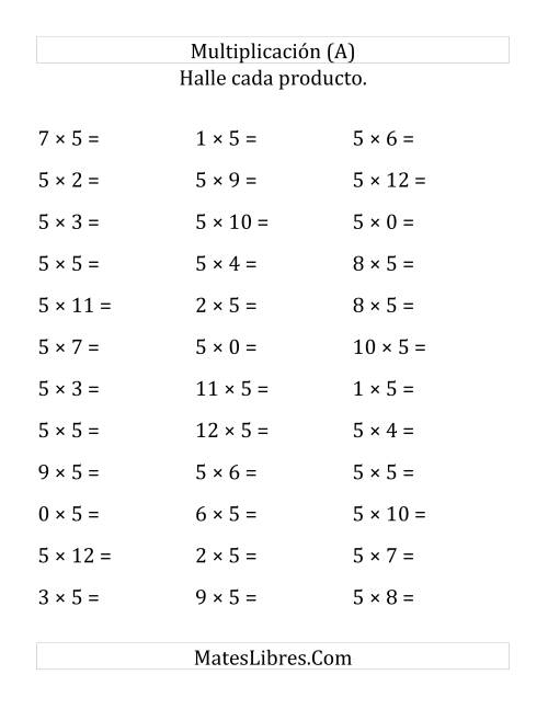 La hoja de ejercicios de Multiplicación Horizontal, Productos de 0 a 12 por 5 (Grande)
