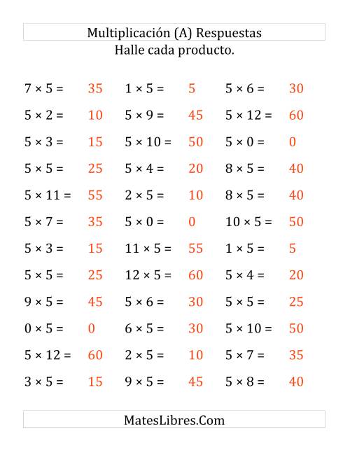 La hoja de ejercicios de Multiplicación Horizontal, Productos de 0 a 12 por 5 (Grande) Página 2