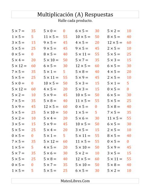 La hoja de ejercicios de Multiplicación Horizontal, Productos de 0 a 12 por 5 (Todas) Página 2
