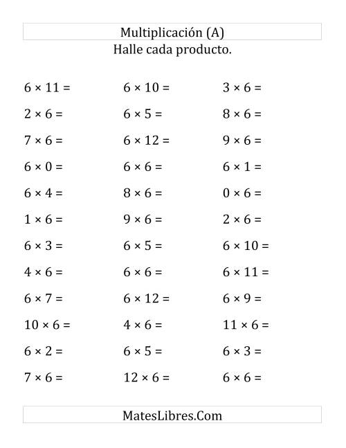 La hoja de ejercicios de Multiplicación Horizontal, Productos de 0 a 12 por 6 (Grande)