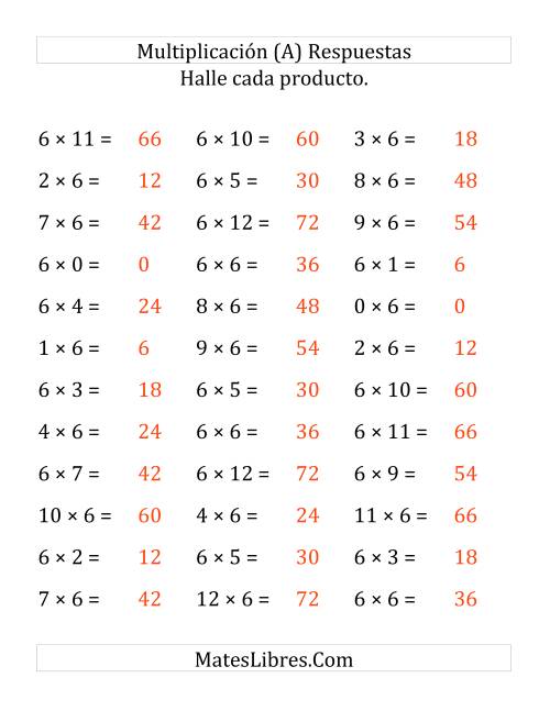 La hoja de ejercicios de Multiplicación Horizontal, Productos de 0 a 12 por 6 (Grande) Página 2