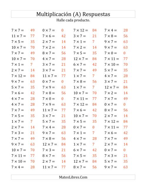 La hoja de ejercicios de Multiplicación Horizontal, Productos de 0 a 12 por 7 (A) Página 2