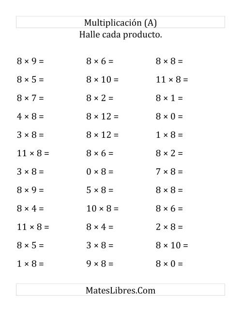 La hoja de ejercicios de Multiplicación Horizontal, Productos de 0 a 12 por 8 (Grande)