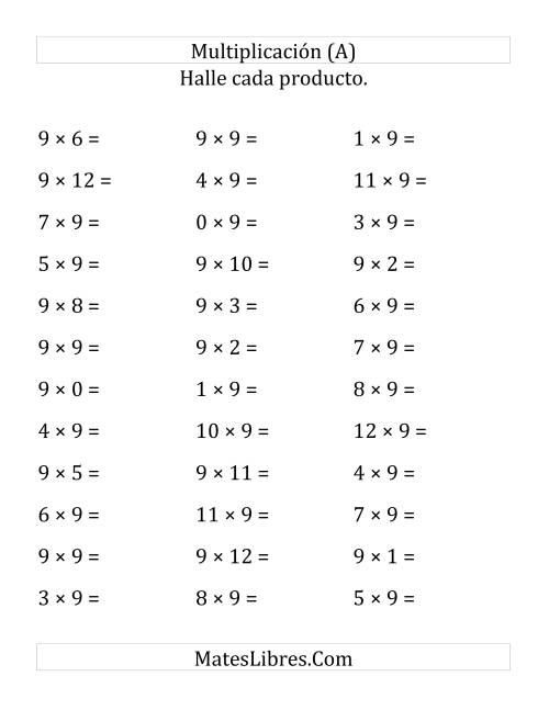 La hoja de ejercicios de Multiplicación Horizontal, Productos de 0 a 12 por 9 (Grande)