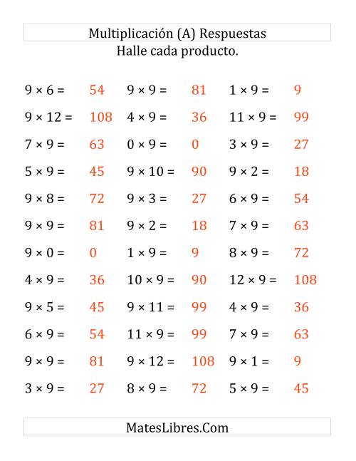 La hoja de ejercicios de Multiplicación Horizontal, Productos de 0 a 12 por 9 (Grande) Página 2