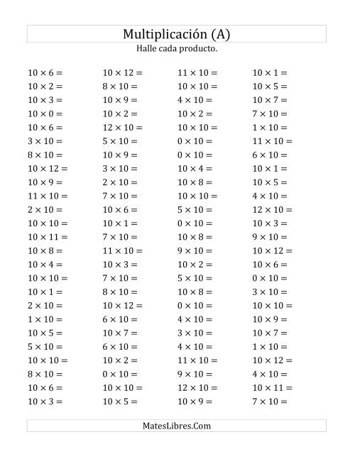 La hoja de ejercicios de Multiplicación Horizontal, Productos de 0 a 12 por 10 (A)