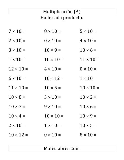 La hoja de ejercicios de Multiplicación Horizontal, Productos de 0 a 12 por 10 (Grande)