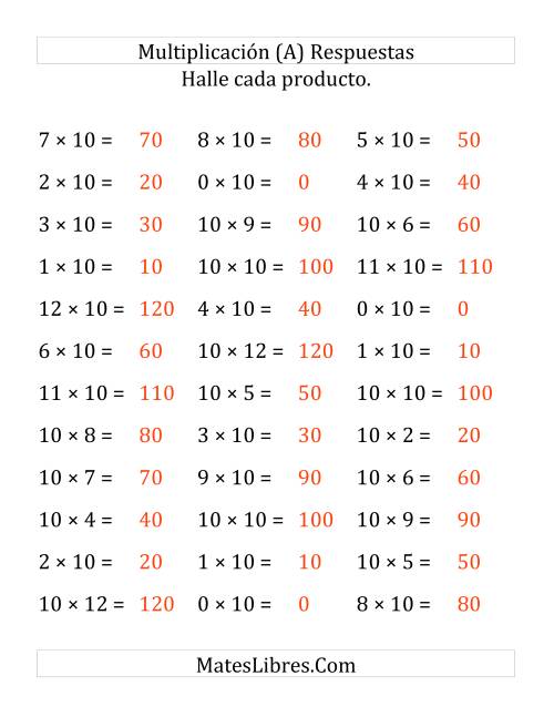 La hoja de ejercicios de Multiplicación Horizontal, Productos de 0 a 12 por 10 (Grande) Página 2