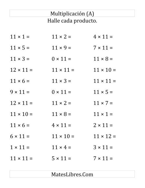 La hoja de ejercicios de Multiplicación Horizontal, Productos de 0 a 12 por 11 (Grande)