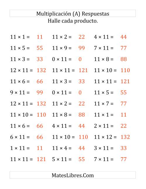 La hoja de ejercicios de Multiplicación Horizontal, Productos de 0 a 12 por 11 (Grande) Página 2
