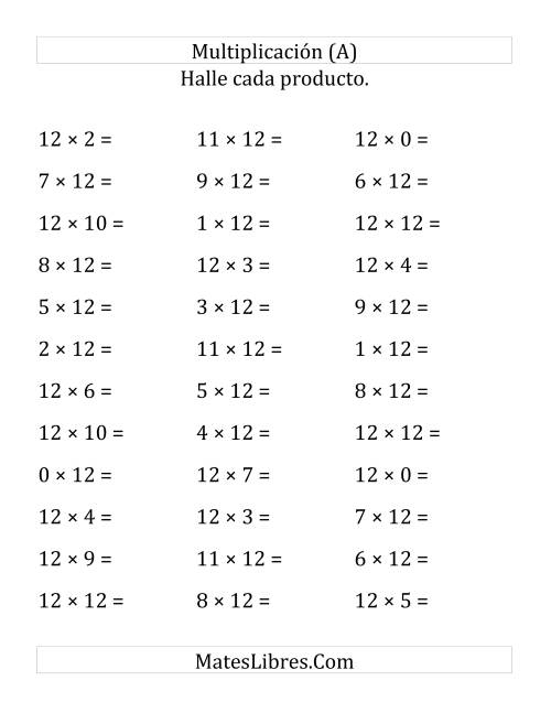 La hoja de ejercicios de Multiplicación Horizontal, Productos de 0 a 12 por 12 (Grande)