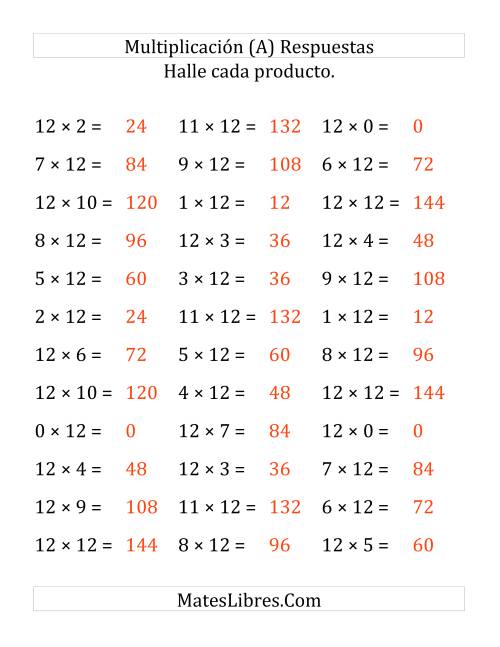 La hoja de ejercicios de Multiplicación Horizontal, Productos de 0 a 12 por 12 (Grande) Página 2