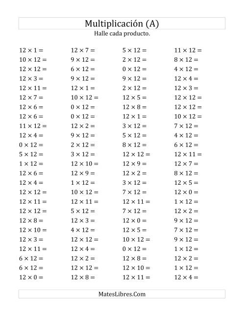 La hoja de ejercicios de Multiplicación Horizontal, Productos de 0 a 12 por 12 (Todas)