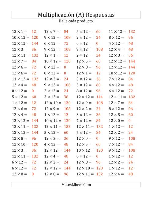 La hoja de ejercicios de Multiplicación Horizontal, Productos de 0 a 12 por 12 (Todas) Página 2