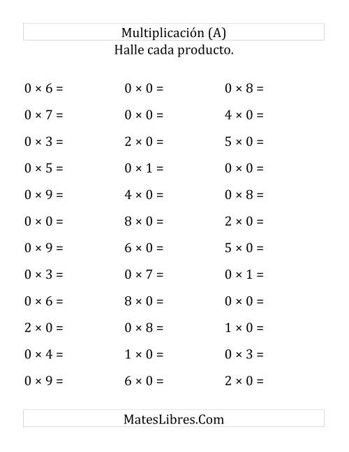 La hoja de ejercicios de Multiplicación Horizontal, Multiplicar de 0 a 9 por 0 (Todas)