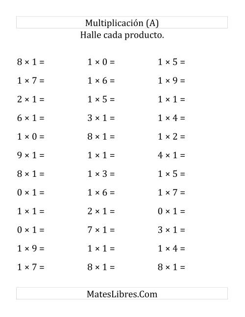 La hoja de ejercicios de Multiplicación Horizontal, Multiplicar de 0 a 9 por 1 (Todas)
