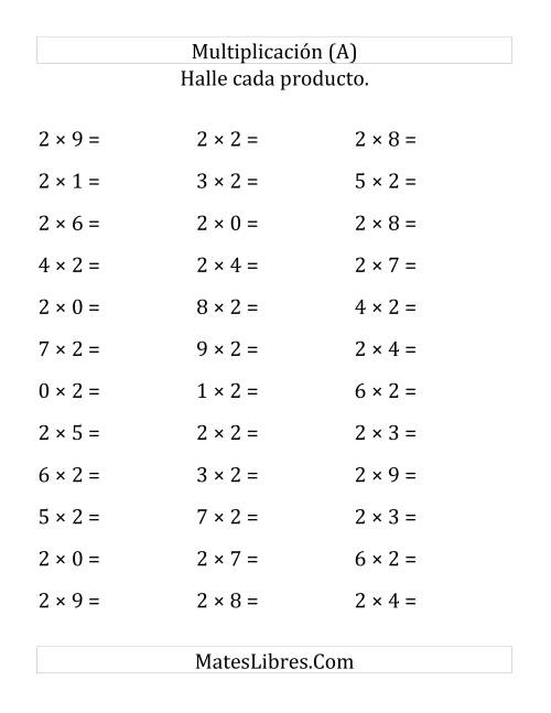 La hoja de ejercicios de Multiplicación Horizontal, Multiplicar de 0 a 9 por 2 (Todas)