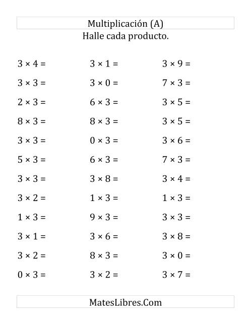La hoja de ejercicios de Multiplicación Horizontal, Multiplicar de 0 a 9 por 3 (Todas)