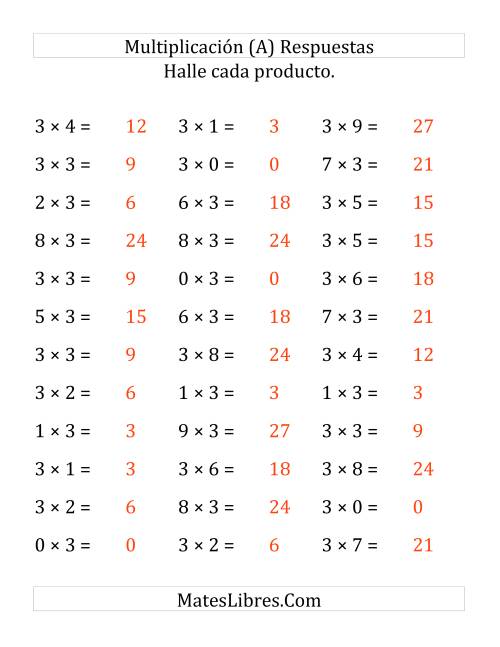 La hoja de ejercicios de Multiplicación Horizontal, Multiplicar de 0 a 9 por 3 (Todas) Página 2