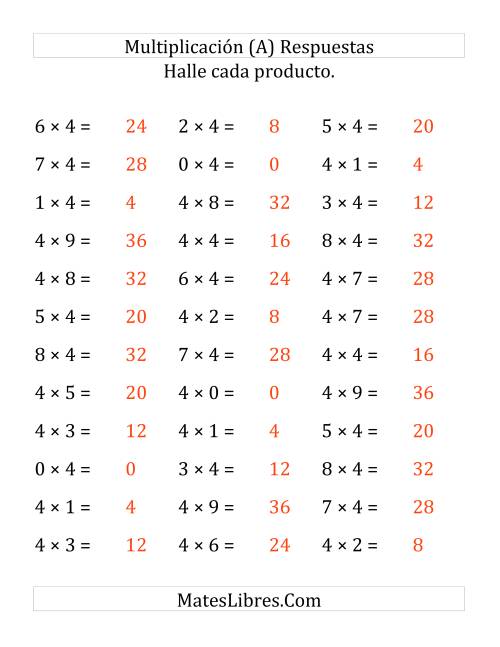 La hoja de ejercicios de Multiplicación Horizontal, Multiplicar de 0 a 9 por 4 (Todas) Página 2