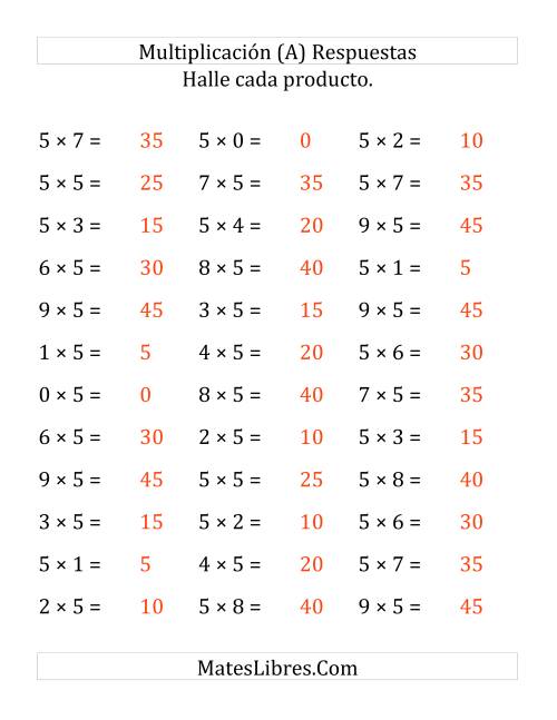 La hoja de ejercicios de Multiplicación Horizontal, Multiplicar de 0 a 9 por 5 (Todas) Página 2
