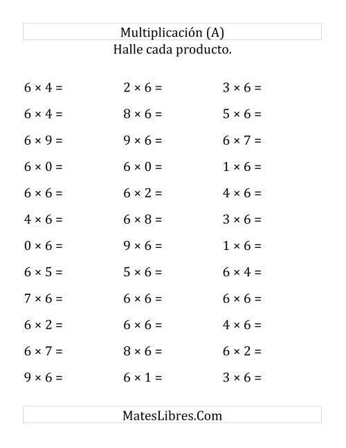 La hoja de ejercicios de Multiplicación Horizontal, Multiplicar de 0 a 9 por 6 (Todas)