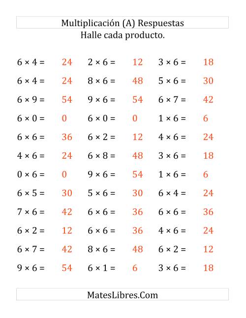 La hoja de ejercicios de Multiplicación Horizontal, Multiplicar de 0 a 9 por 6 (Todas) Página 2