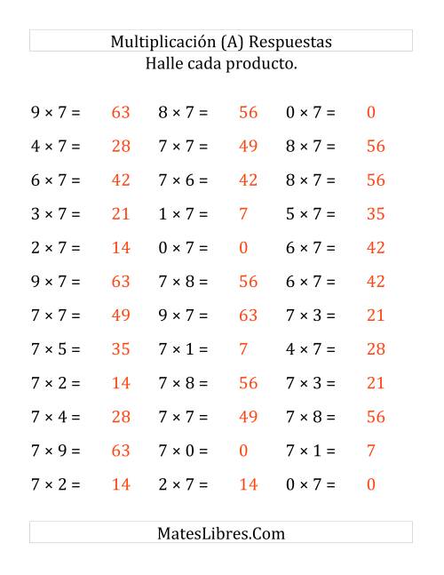 La hoja de ejercicios de Multiplicación Horizontal, Multiplicar de 0 a 9 por 7 (Todas) Página 2