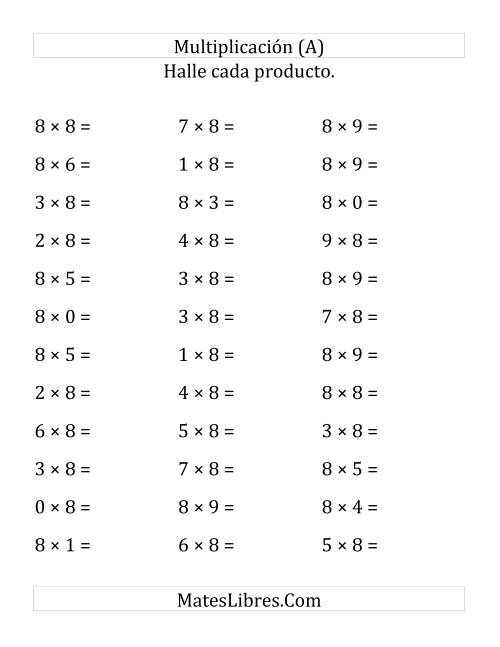 La hoja de ejercicios de Multiplicación Horizontal, Multiplicar de 0 a 9 por 8 (Todas)