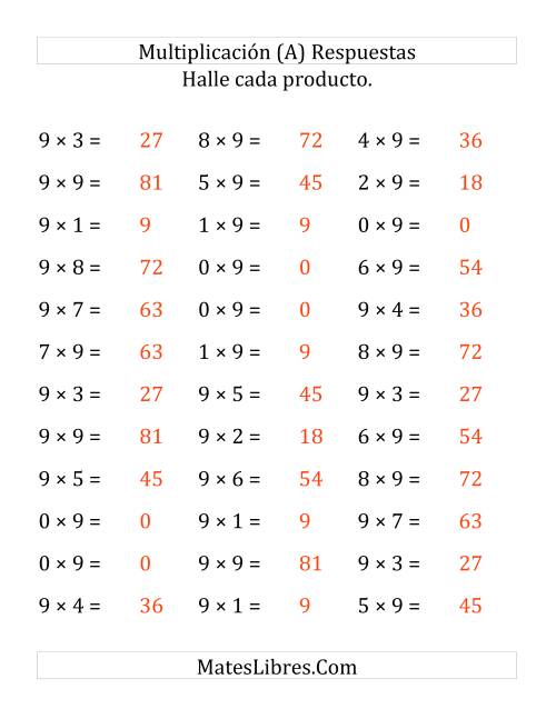 La hoja de ejercicios de Multiplicación Horizontal, Multiplicar de 0 a 9 por 9 (Todas) Página 2