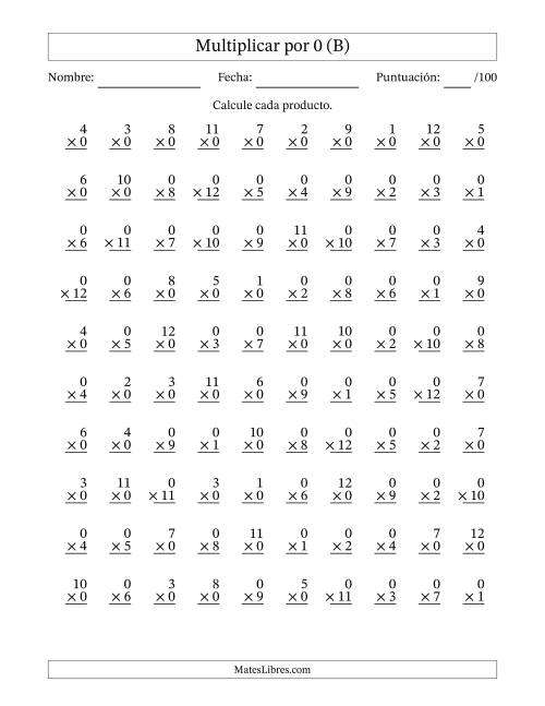La hoja de ejercicios de Multiplicar (Factores de 1 a 12) por 0 (100 Preguntas) (B)