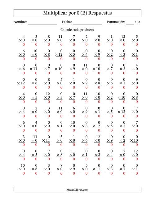 La hoja de ejercicios de Multiplicar (Factores de 1 a 12) por 0 (100 Preguntas) (B) Página 2