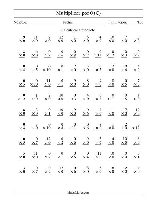 La hoja de ejercicios de Multiplicar (Factores de 1 a 12) por 0 (100 Preguntas) (C)