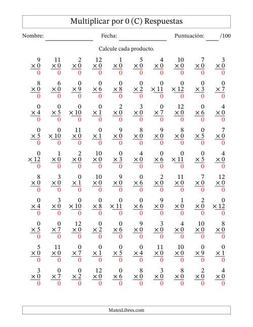 La hoja de ejercicios de Multiplicar (Factores de 1 a 12) por 0 (100 Preguntas) (C) Página 2