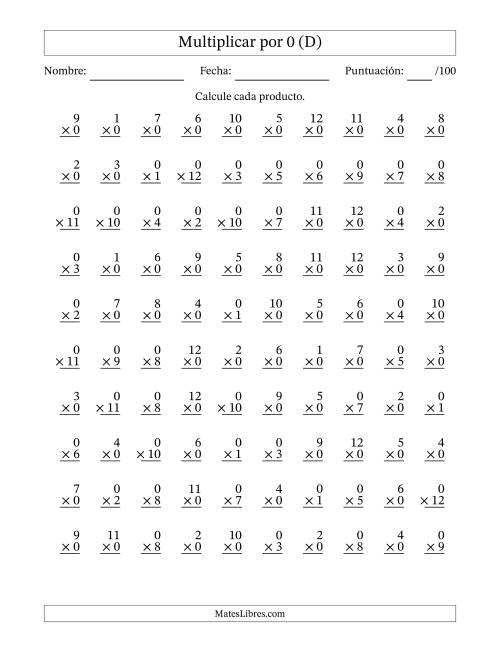 La hoja de ejercicios de Multiplicar (Factores de 1 a 12) por 0 (100 Preguntas) (D)