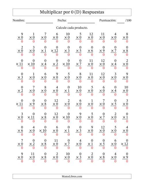 La hoja de ejercicios de Multiplicar (Factores de 1 a 12) por 0 (100 Preguntas) (D) Página 2