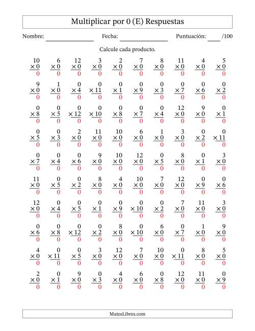 La hoja de ejercicios de Multiplicar (Factores de 1 a 12) por 0 (100 Preguntas) (E) Página 2