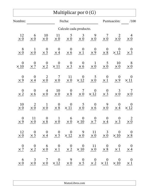 La hoja de ejercicios de Multiplicar (Factores de 1 a 12) por 0 (100 Preguntas) (G)