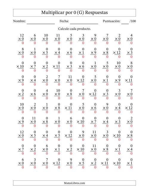 La hoja de ejercicios de Multiplicar (Factores de 1 a 12) por 0 (100 Preguntas) (G) Página 2