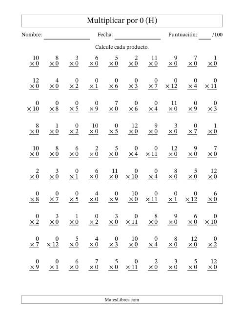La hoja de ejercicios de Multiplicar (Factores de 1 a 12) por 0 (100 Preguntas) (H)