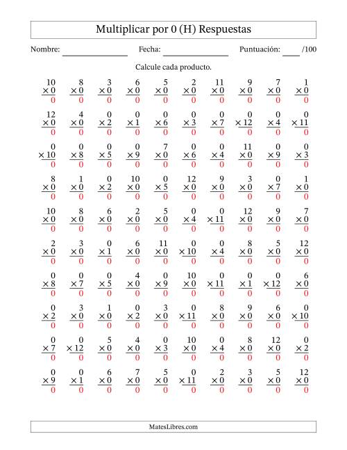 La hoja de ejercicios de Multiplicar (Factores de 1 a 12) por 0 (100 Preguntas) (H) Página 2