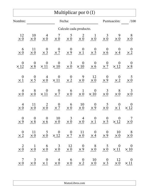 La hoja de ejercicios de Multiplicar (Factores de 1 a 12) por 0 (100 Preguntas) (I)