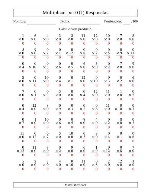 La hoja de ejercicios de Multiplicar (Factores de 1 a 12) por 0 (100 Preguntas) (J) Página 2