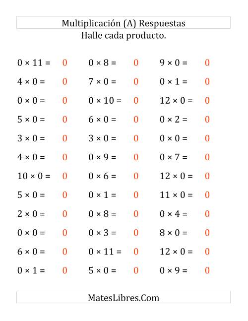 La hoja de ejercicios de Multiplicar de 1 a 12 por 0 (Grande) Página 2