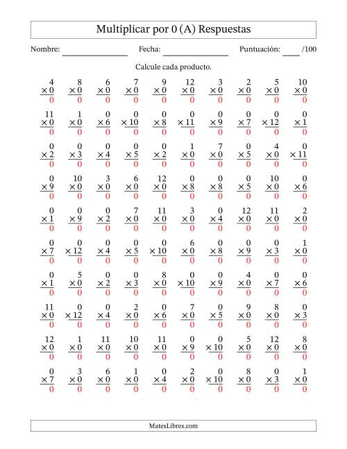 La hoja de ejercicios de Multiplicar (Factores de 1 a 12) por 0 (100 Preguntas) (Todas) Página 2