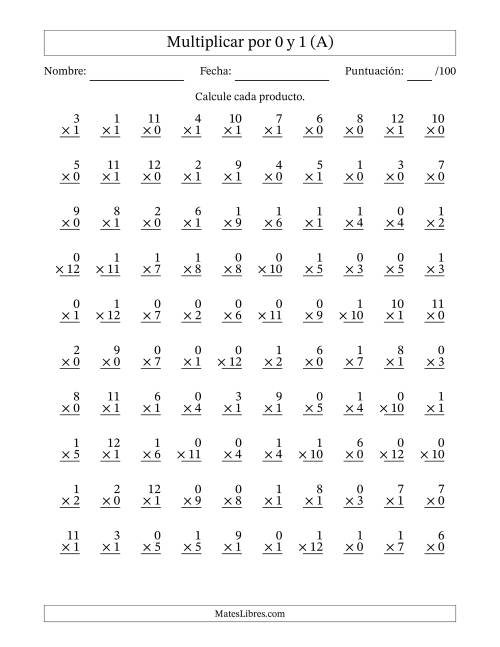 La hoja de ejercicios de Multiplicar (Factores de 1 a 12) por 0 y 1 (100 Preguntas) (A)