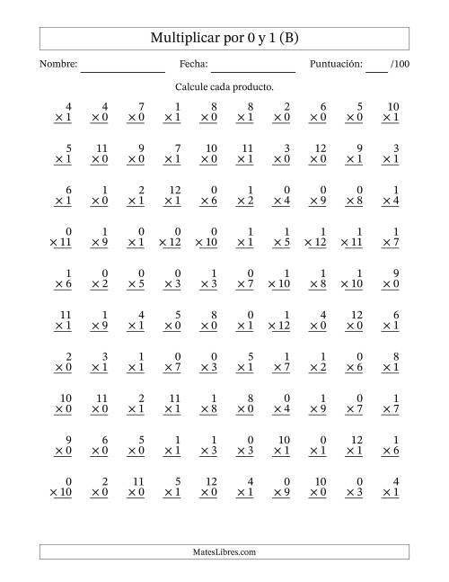 La hoja de ejercicios de Multiplicar (Factores de 1 a 12) por 0 y 1 (100 Preguntas) (B)
