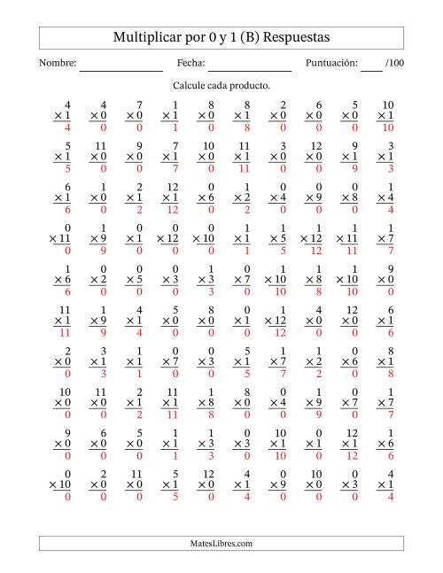 La hoja de ejercicios de Multiplicar (Factores de 1 a 12) por 0 y 1 (100 Preguntas) (B) Página 2