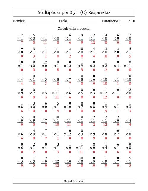La hoja de ejercicios de Multiplicar (Factores de 1 a 12) por 0 y 1 (100 Preguntas) (C) Página 2